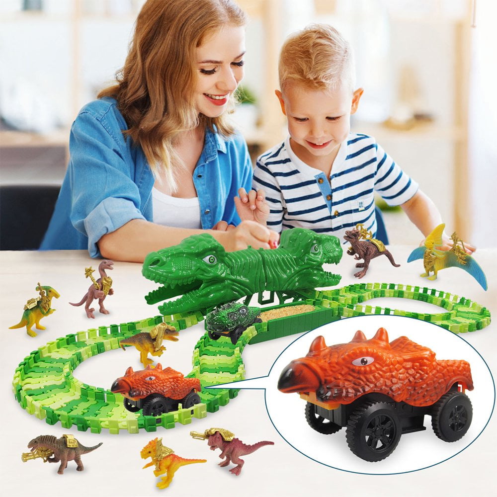 HLONK Dinosaur Race Track Car Toy Set Flexible Train Tracks with 8