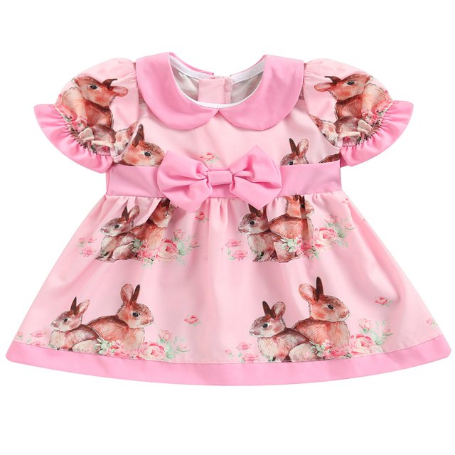 HLONK Kids Baby Girls Easter Dress Rabbit Flower Print Peter Pan Collar