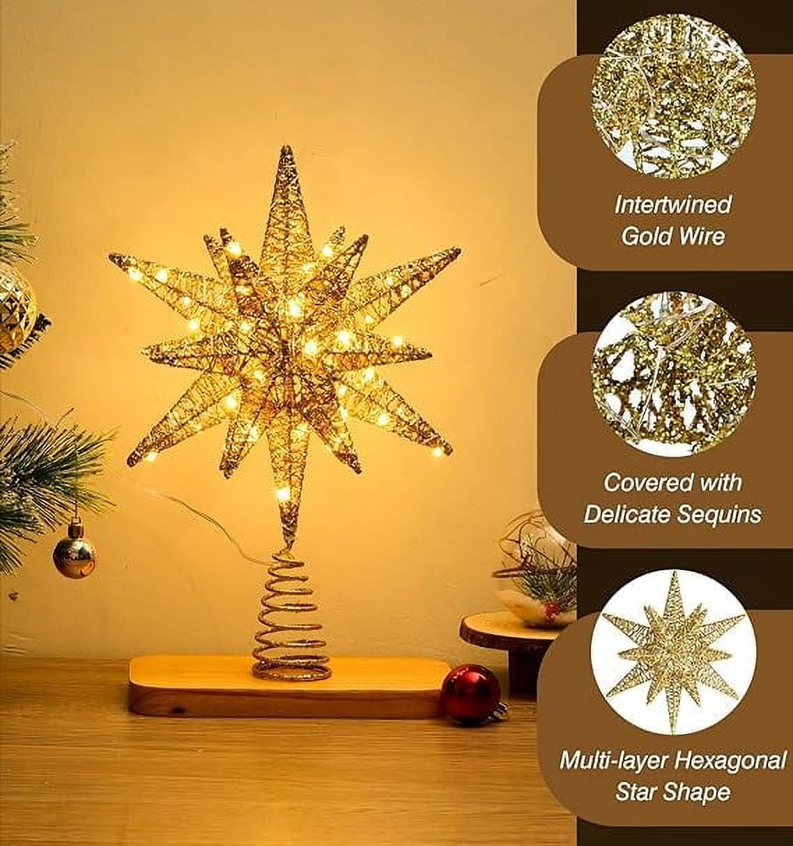 HLONK LED Metal 3D Star Christmas Tree Topper for Battery Operated Star
