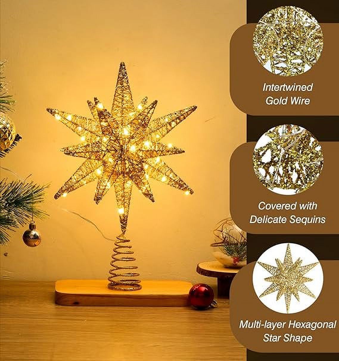 HLONK LED Metal 3D Star Christmas Tree Topper for Battery Operated Star