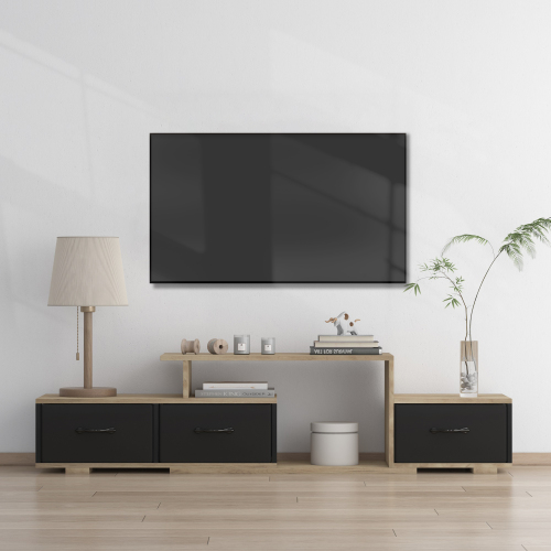 HLONK Mordern TV Stand with quick assemble,wood grain and black easy