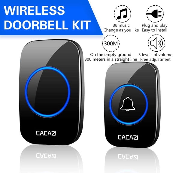 HLONK Wireless Doorbell, Plug and Play Door Bell Plug-in Receiver Operating at 1000 Ft, Waterproof Push Button Door Chime Kit, 3 Volume Levels, 38 Melodies (1 Plug-in Receiver, 1 Button, Black)