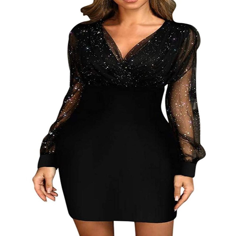HLONK Women Elegant Mesh Long Sleeve Cocktail Dress Bodycon V Neck Sequin Patchwork Pencil Work