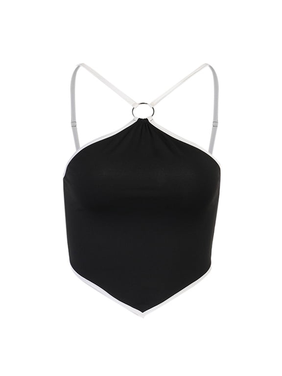 Women Sexy Halter Crop Tops Black Cross Wrap Sleeveless Sling Backless Solid Crop Tank Top Slim