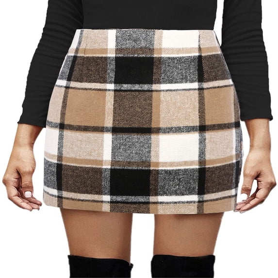 HLONK Womens Plaid Mini Skirt Bodycon High Waist A line Pencil Skirts Fall Winter Wool Skirts Pink L