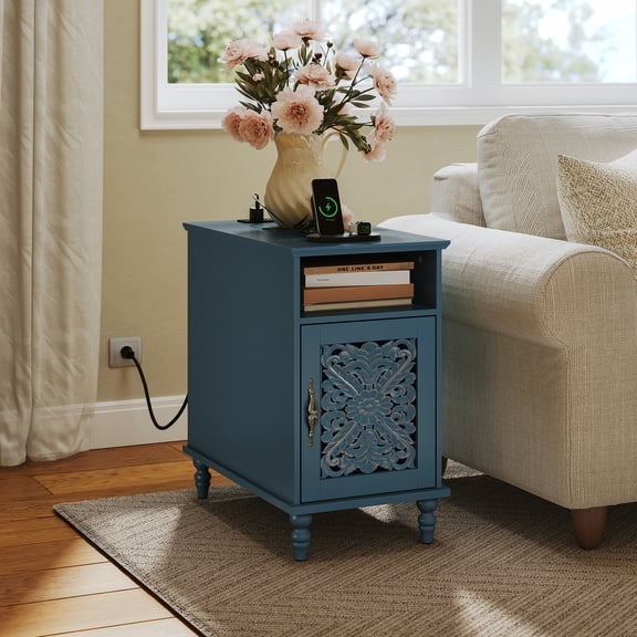 HLR 13.77" Nightstand with Charging Station, Modern Navy Blue End / BedSide Table for Living Room