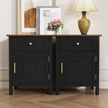 HLR 19" Farmhouse Nightstands Set of 2 with Drawer and Door, Wood Bedside Table End Table for Bedroom, Black