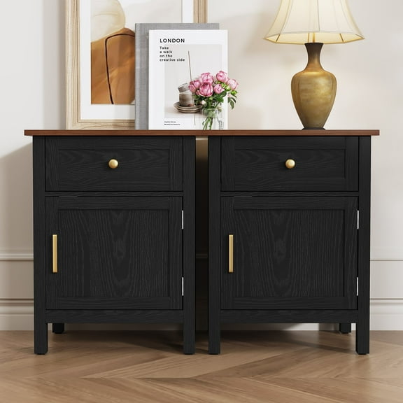 HLR 19" Farmhouse Nightstands Set of 2 with Drawer and Door, Wood Bedside Table End Table for Bedroom, Black
