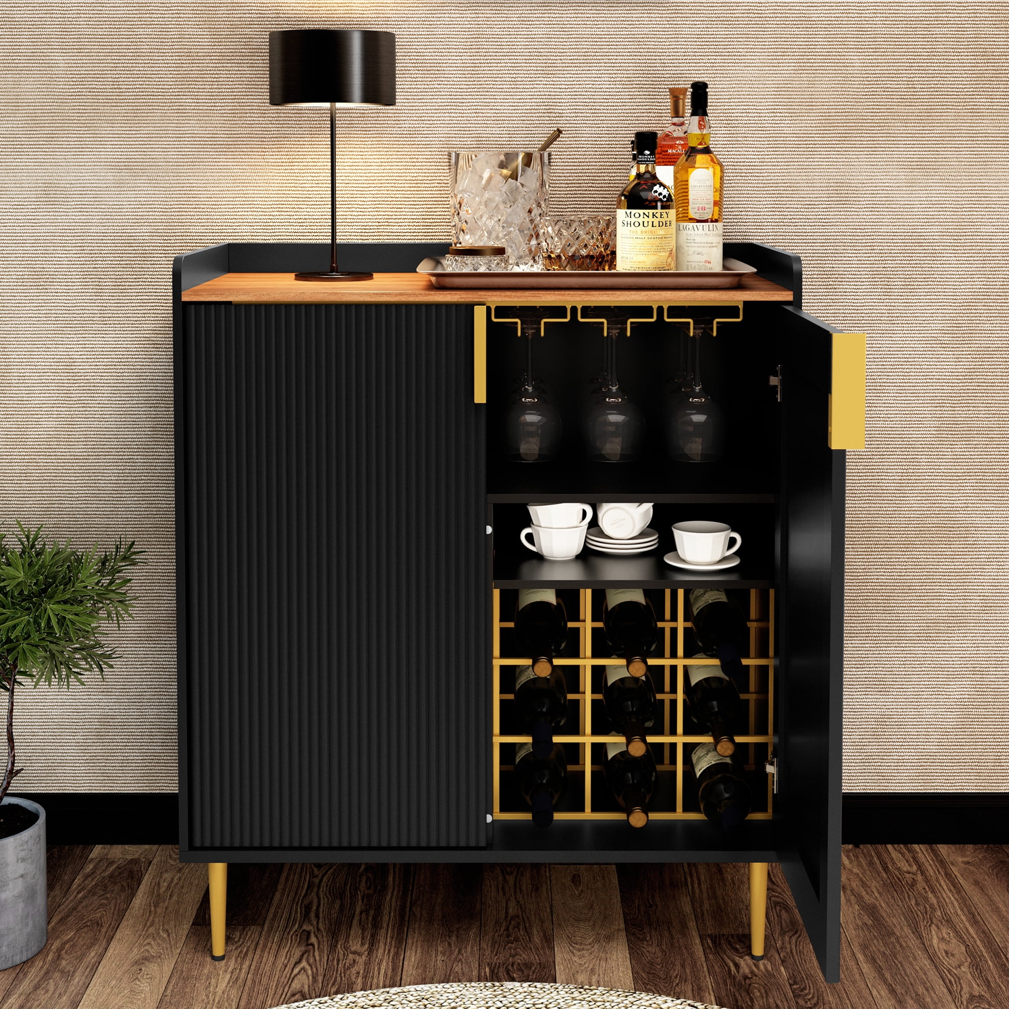 HLR 32 Wine Bar Cabinet with 2 Door Fluted Texture Modern Coffee Cabinet with Rack Glass Holder Black