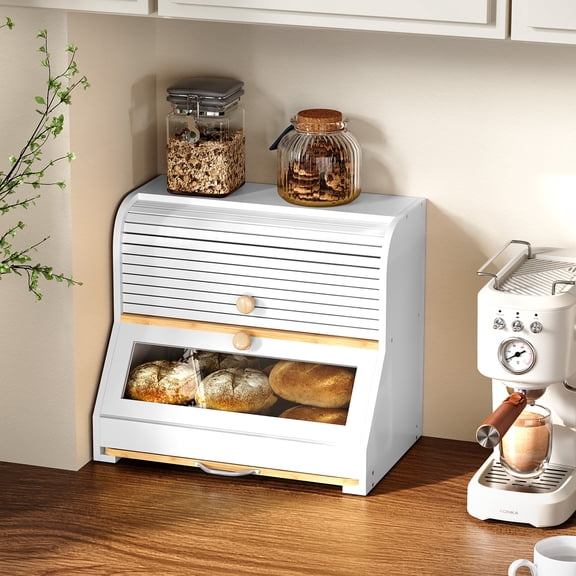 HLR 2-Tier Large Modern Bread Boxes with Cutting Board and Roll Top, Natural Bamboo Wood, White