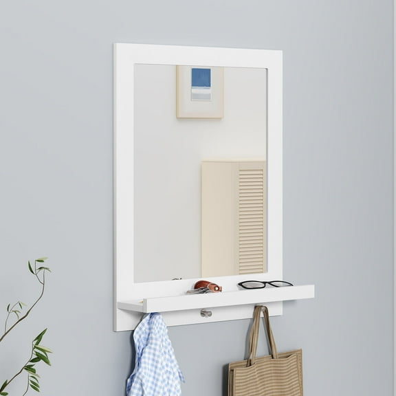 HLR 24" Wall Mirror with Shelf, White Vanity Mirror with Hooks, Hanging Wall Mirrors for Bathroom, Bedroom, Living Room
