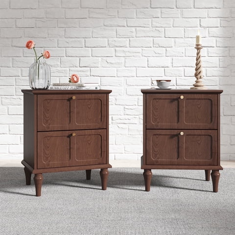 HLR 20" Mid Century Nightstands Set of 2 with Drawers, Wood Brown Bedside Table End Table for Bedroom