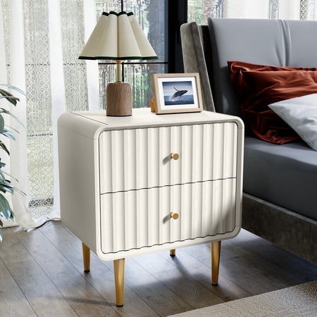 HLR 20" Modern Fluted Nightstand, White Wood Bedside Table with 2 Drawers & Gold Metal Handles