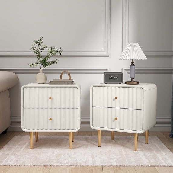 HLR 20" Modern Fluted White Nightstand Set of 2, Wood Bedside Table with 2 Drawers & Gold Metal Handles