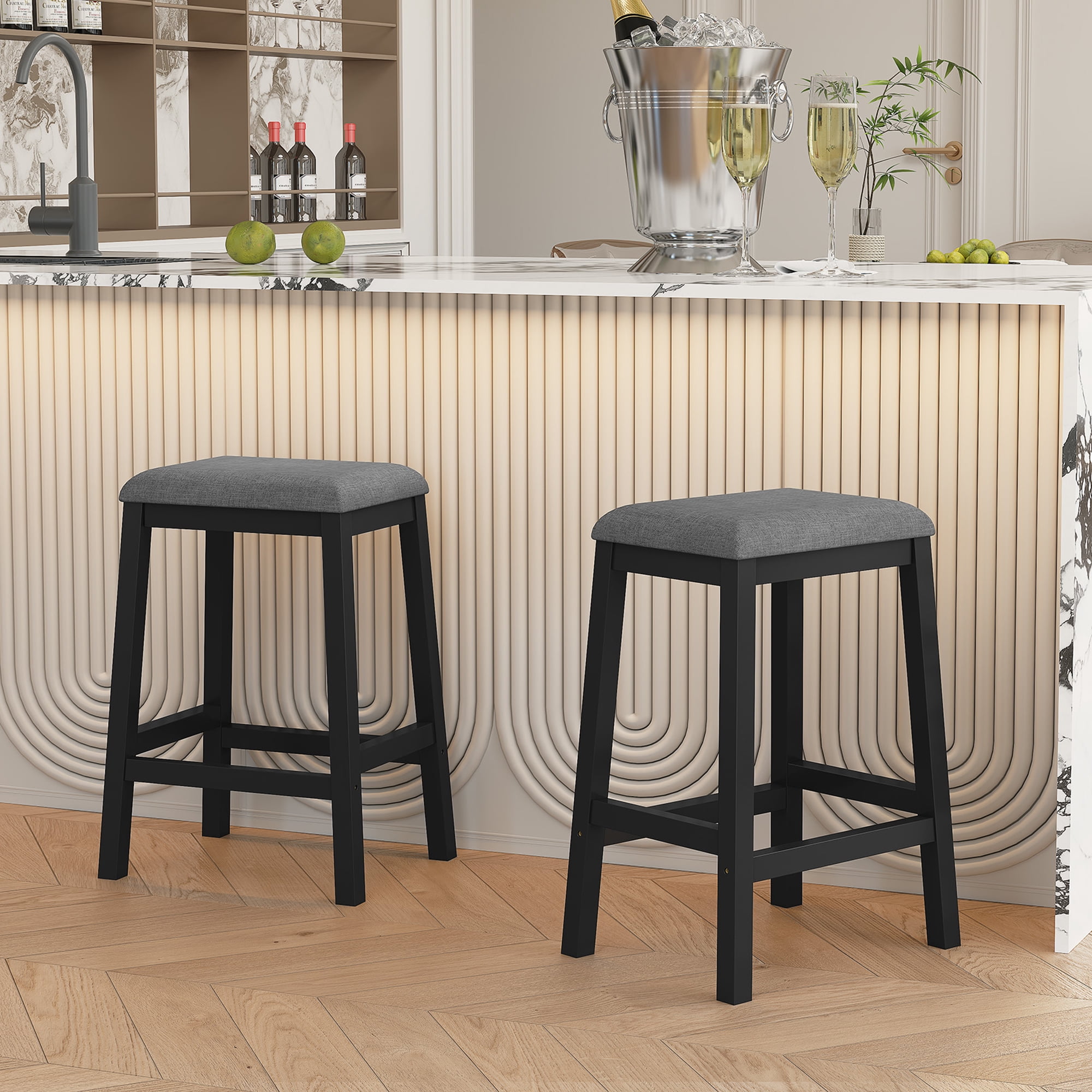 HLR 24.8" Bar Stools, Farmhouse Set of 2 Bar Chairs with Cushion for Kitchen, Dining Room, Cafe Black