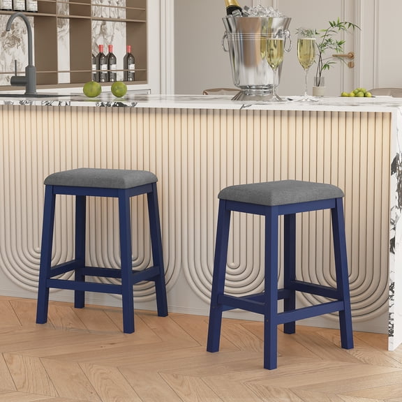 HLR 24.8" Bar Stools, Farmhouse Set of 2 Bar Chairs with Cushion for Kitchen, Dining Room, Cafe Blue