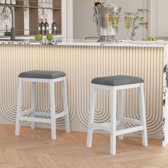 HLR 24.8" Bar Stools, Farmhouse Set of 2 Bar Chairs with Cushion for Kitchen, Dining Room, Cafe White