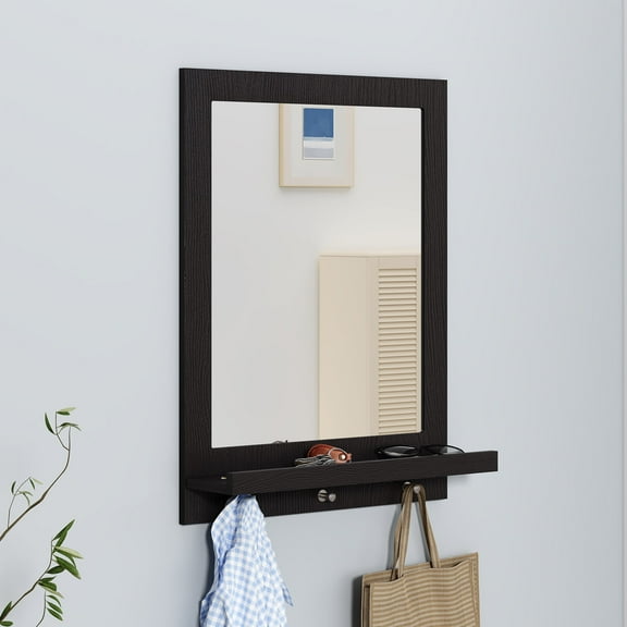 HLR 24" Wall Mirror with Shelf, Black Vanity Mirror with Hooks, Hanging Wall Mirrors for Bathroom, Bedroom, Living Room