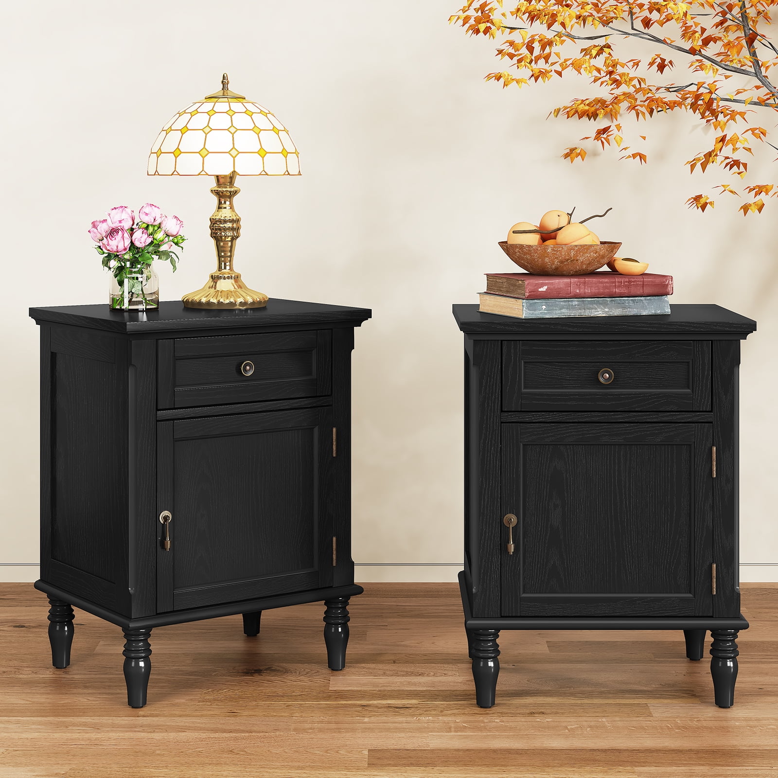 HLR 25"H Nightstands Set of 2, Modern Retro Bedside Table with Drawer, End Table for Bedroom, Black