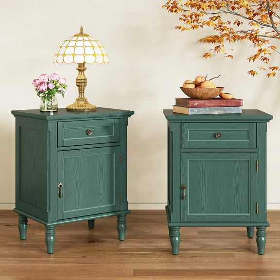 HLR 25"H Nightstands Set of 2, Modern Retro Bedside Table with Drawer, End Table for Bedroom, Green