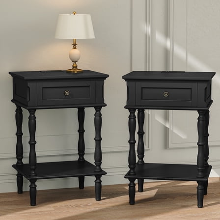 HLR 25" Mid Century Nightstand Set of 2, Assembled Wood Bedroom End Table with USB Ports and Outlets, Black