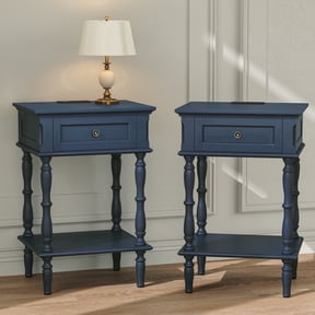 HLR 25" Mid Century Nightstand Set of 2, Assembled Wood Bedroom End Table with USB Ports and Outlets, Blue