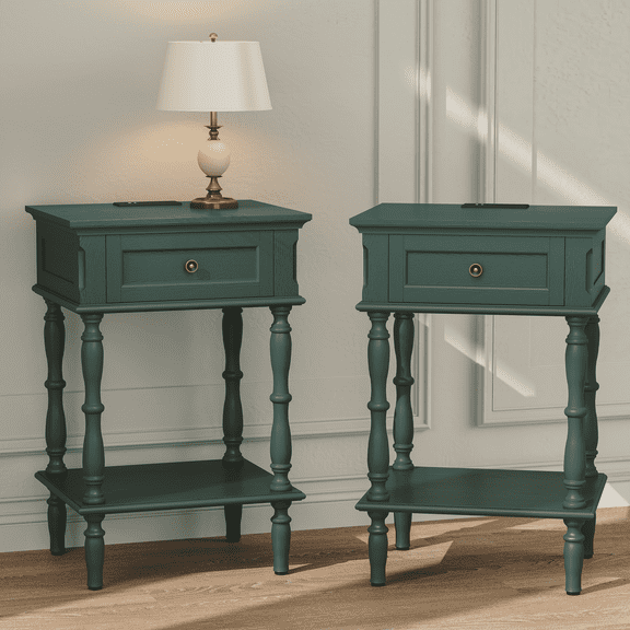 HLR 25" Mid Century Nightstand Set of 2, Assembled Wood Bedroom End Table with USB Ports and Outlets,, Green