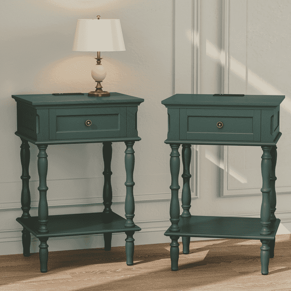 HLR 25" Mid Century Nightstand Set of 2, Assembled Wood Bedroom End Table with USB Ports and Outlets, Green