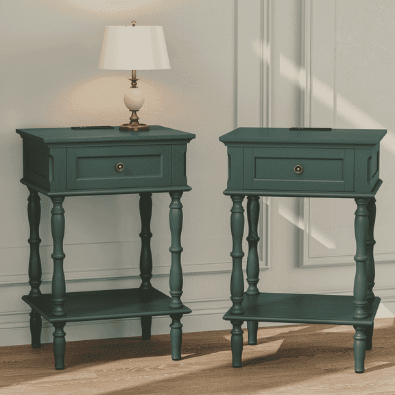 HLR 25" Mid Century Nightstand Set of 2, Assembled Wood Bedroom End Table with USB Ports and Outlets, Green