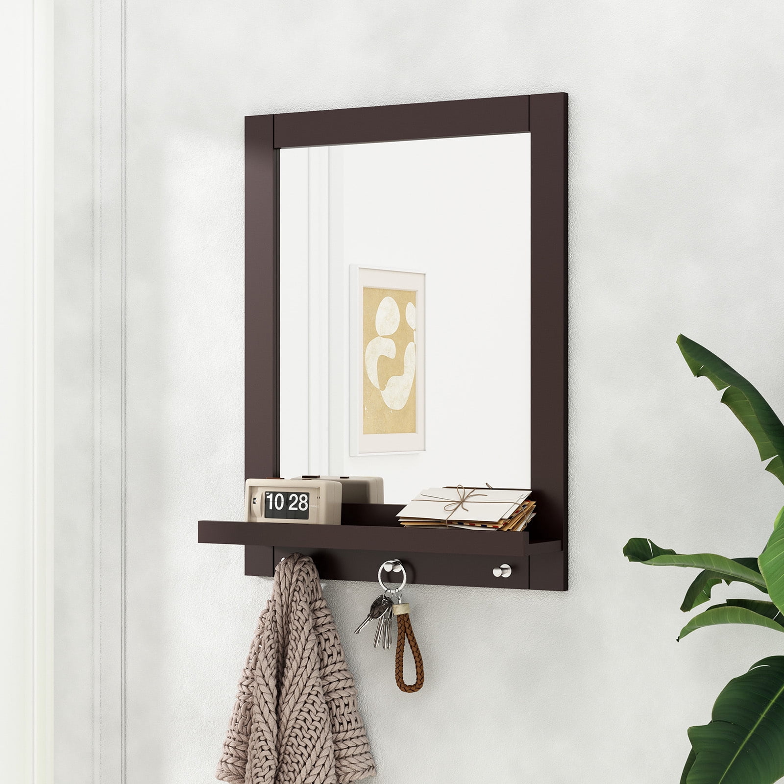 HLR 27" Wall Mirror with Shelf, Brown Vanity Mirror with Hooks, Hanging ...