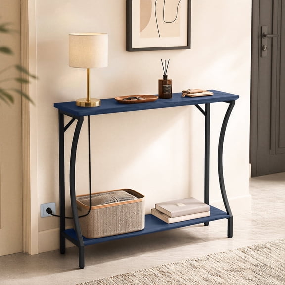 HLR 29.5" Small Console Table, 2 Tier Narrow Entryway Table with Open Shelf, Blue