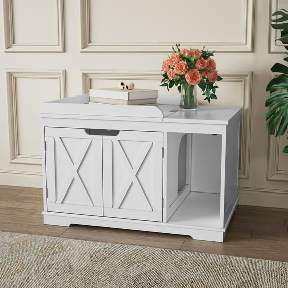 HLR 2Door Wood Flip Cover Hidden Enclosed Cat Litter Box, Fits Standard Litter Boxes, White