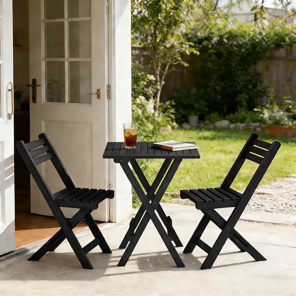 HLR 3-Piece Folding Bistro Table and Chairs Set, Outdoor Patio Solid Wood Furniture Sets with Table Outdoor Garden, Black