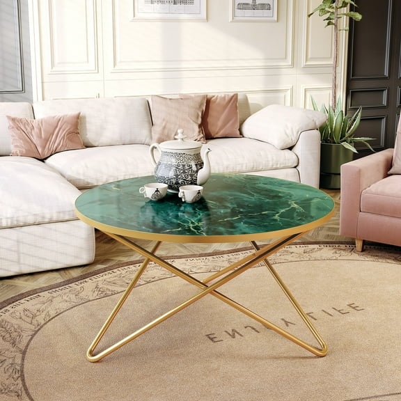 HLR 31.4" Round Coffee Table for Living Room, Wood Marble Green Side Table, Modern Center Table