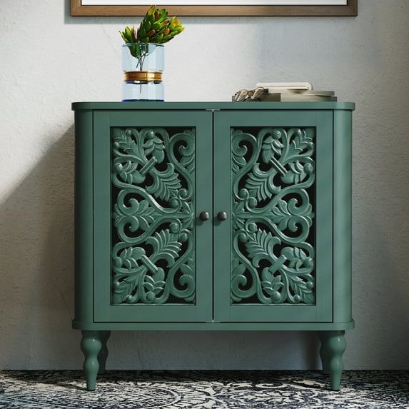 HLR Mid Century Green Sideboard Buffet Cabinet, 31.5 in W with 2 Hollow Carved Doors Storage