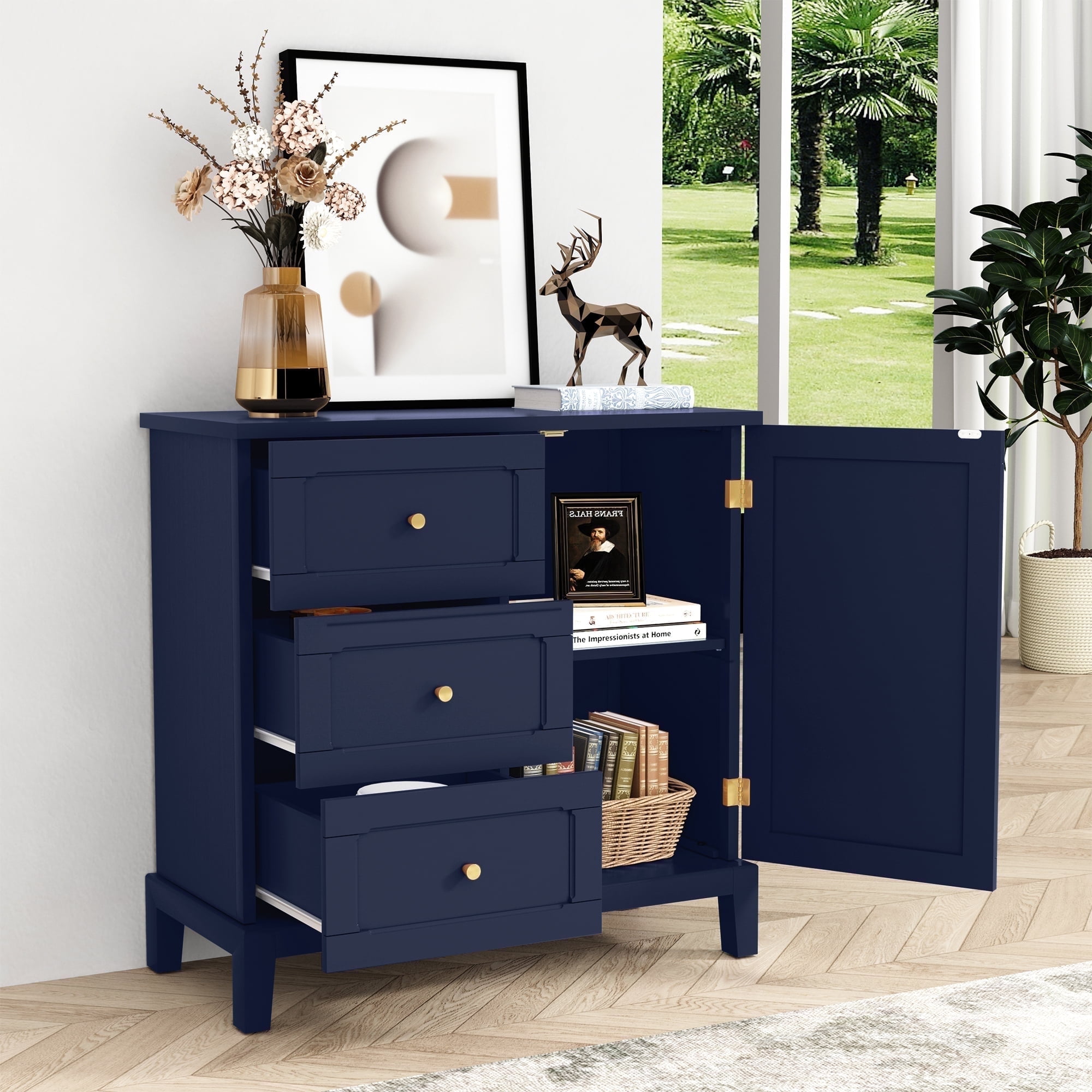 HLR Navy Blue Wood Accent Cabinet, 3 Drawers, 1 Door, 14.5