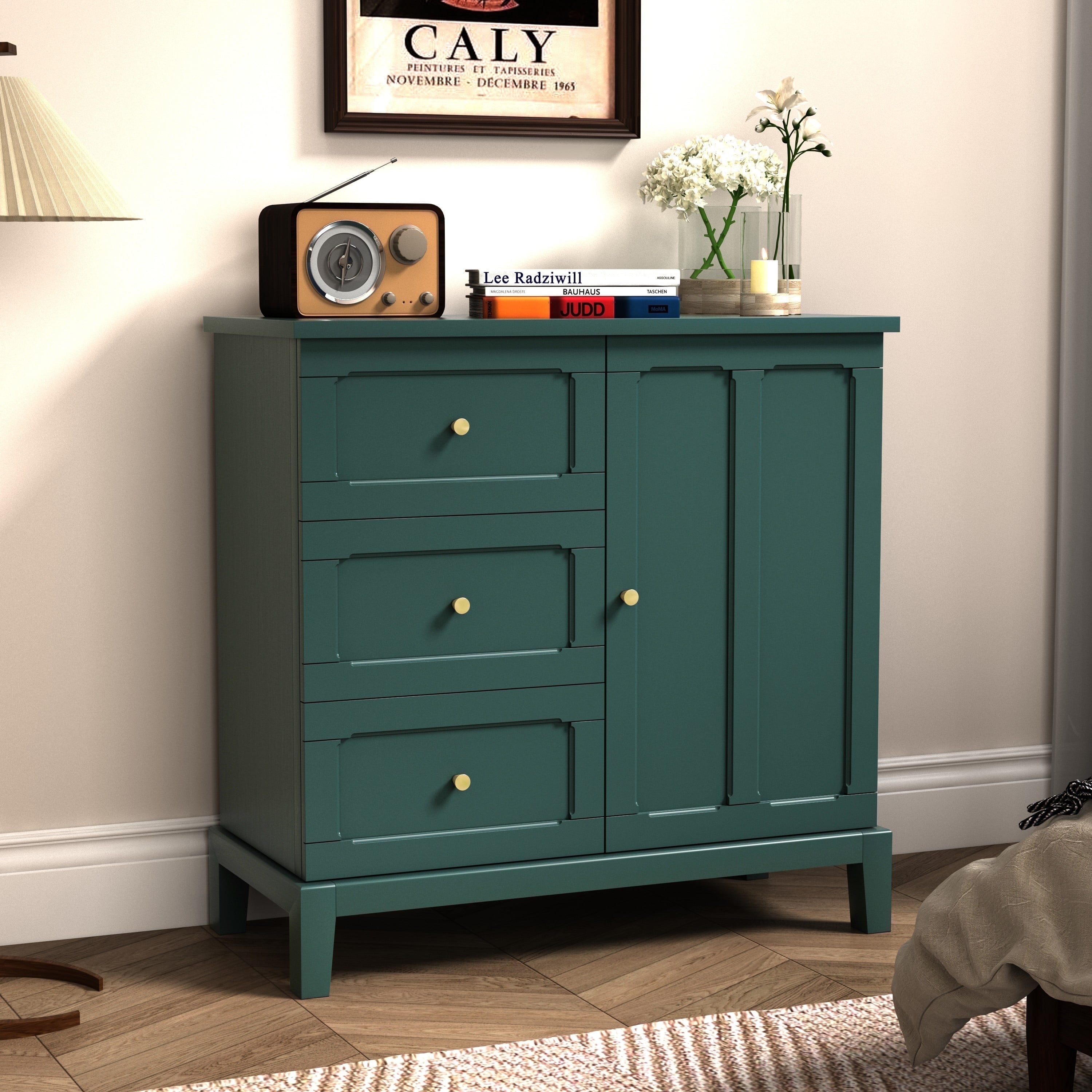 Green Wooden Freestanding Office Accent Cabinet with Drawers and Door