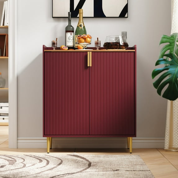 HLR 32"W Wine Bar Cabinet with 2 Door Fluted Texture, Modern Coffee Cabinet with Rack&Glass Holder,Red