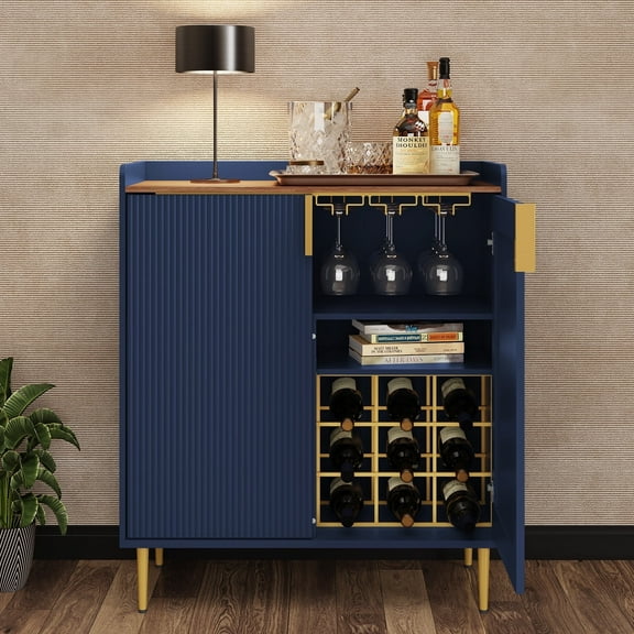 HLR 32"W Wine Bar Cabinet with 2 Door Fluted Texture, Modern Coffee Cabinet with Rack&Glass Holder, Blue