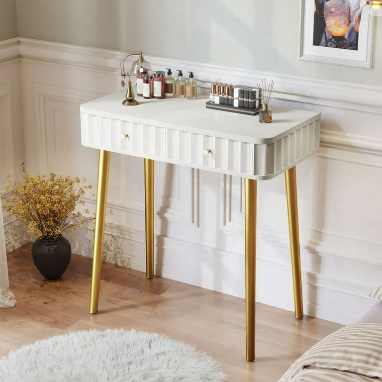 HLR 32" Wooden Vanity Table, White Modern Dressing Desk with Gold Legs, 2 Large Drawers - Walmart.com HLR 32" Wooden Vanity Table, White Modern Dressing Desk with Gold Legs, 2 Large Drawers - Walmart.com