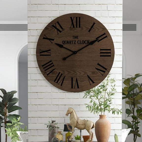 HLR 35.5” Farmhouse Large Shiplap Round Wall Clock with Roman Numeral for Living Room Decor, Brown