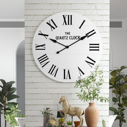 HLR 35.5” Farmhouse Large Shiplap Round Wall Clock with Roman Numeral for Living Room Decor, White