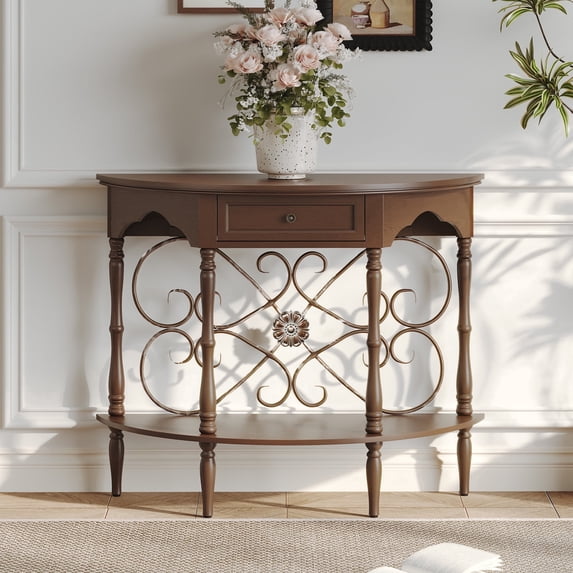 HLR 40" Mid Century Console Table with Drawer, Assembled Entryway Table with Storage for Hallway, Brown