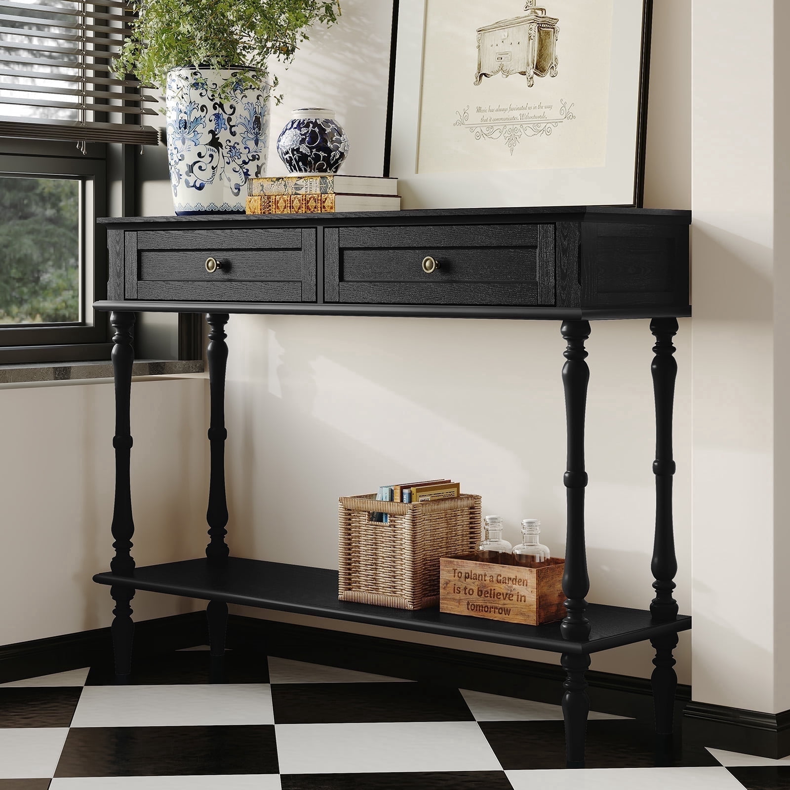 HLR 40" Modern Console Table, Assembled Entryway Table with 2 Drawers for Living Room, Black