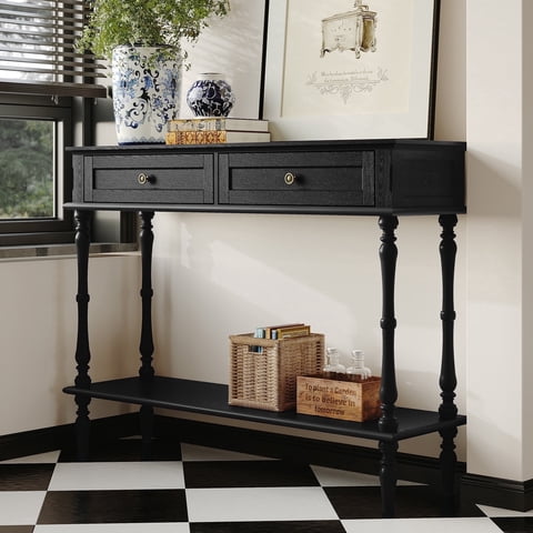 HLR 40" Modern Console Table, Assembled Entryway Table with 2 Drawers for Living Room, Black