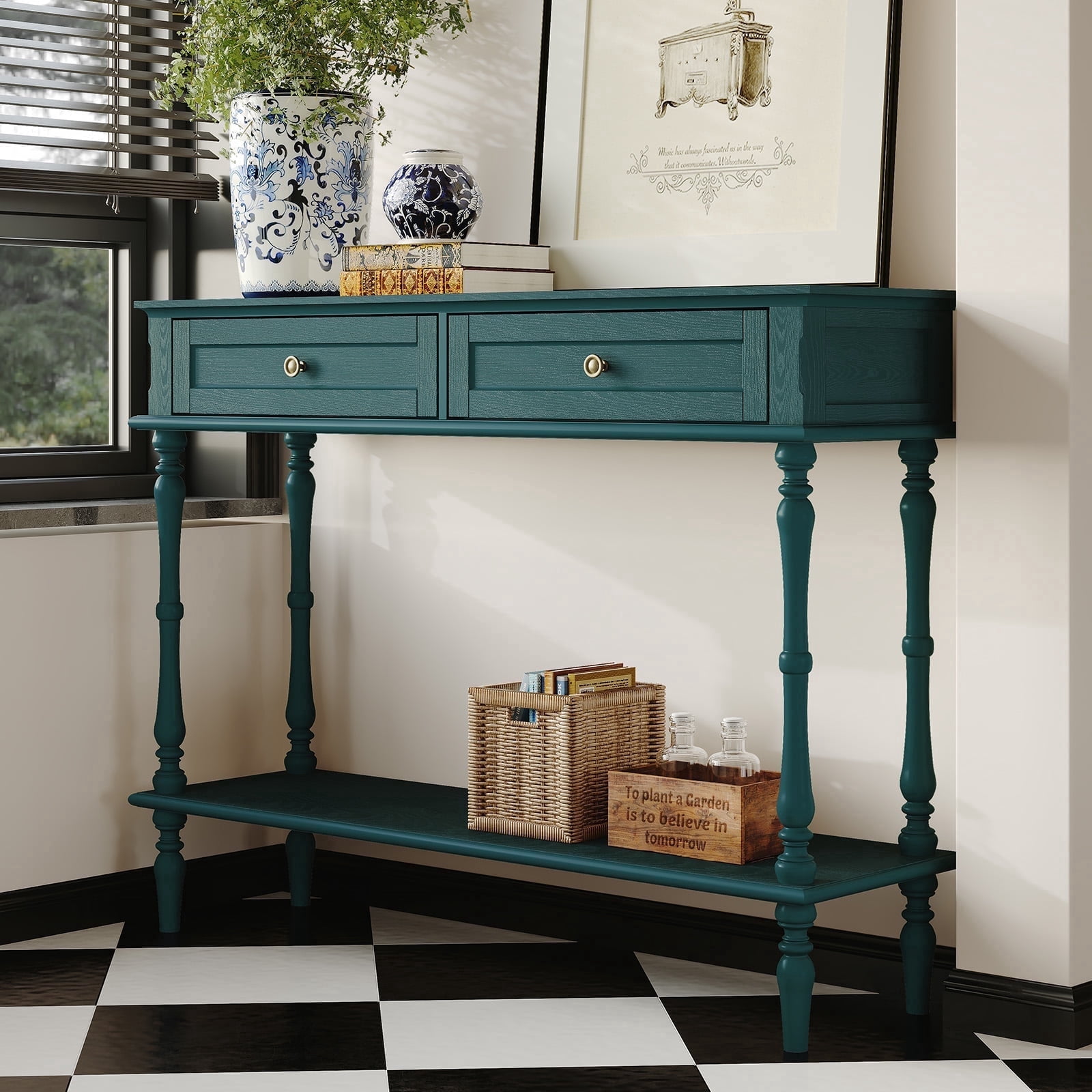 HLR 40" Modern Console Table, Assembled Entryway Table with 2 Drawers for Living Room, Green
