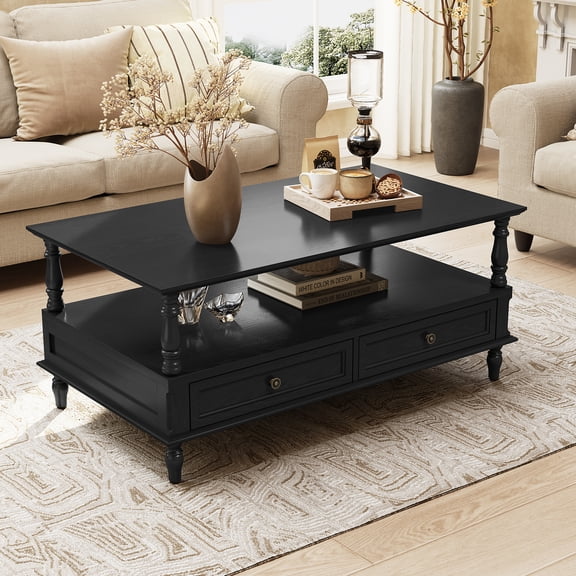 HLR 41" Mid Century Modern Coffee Table with Drawer Storage, Assembled Wood Center Table for Living Room, Black