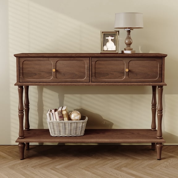 HLR 47" Mid Century Console Table, Aged Finish Entryway Table with Storage Shelf for Hallway, Brown