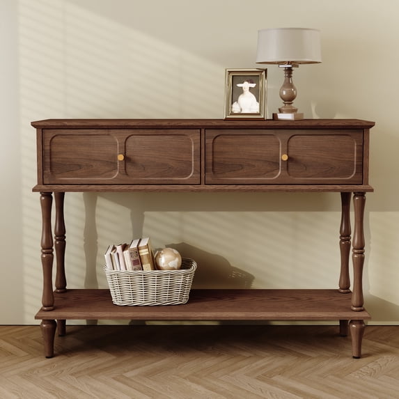 HLR 42" Mid Century Console Table, Aged Finish Entryway Table with Storage Shelf for Hallway, Brown