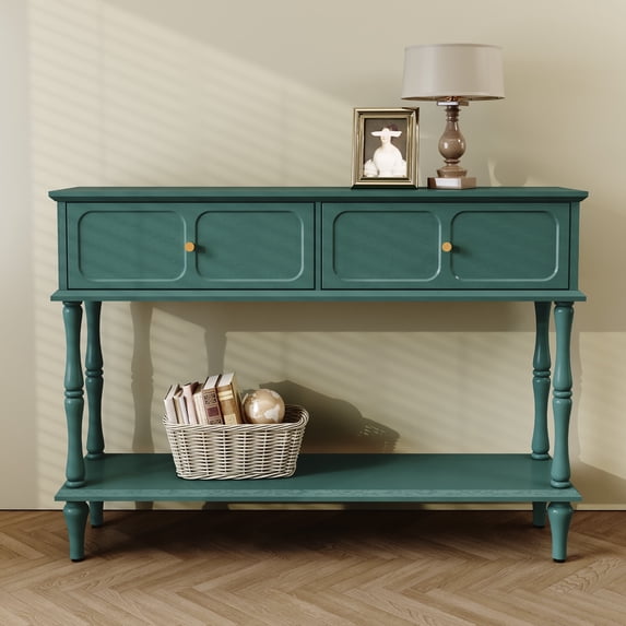 HLR 42" Mid Century Console Table, Aged Finish Entryway Table with Storage Shelf for Hallway, Green